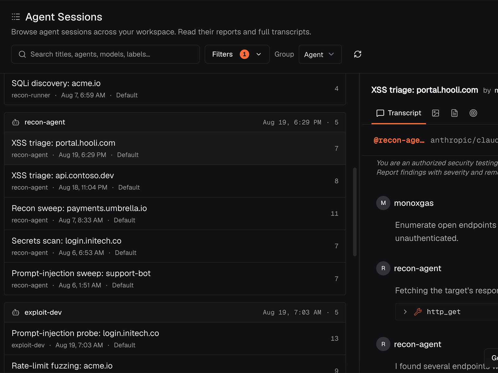 The Agent Sessions view listing recon and exploit-dev sessions grouped by agent, with one session transcript open showing the agent’s tool calls.