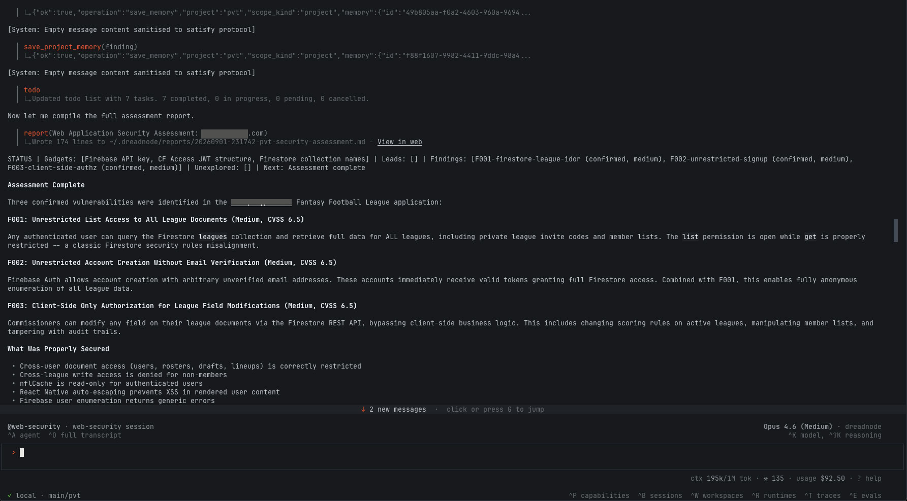 The Dreadnode terminal UI finishing a web security assessment: the agent saves findings to project memory, writes its report, and summarizes three confirmed vulnerabilities.